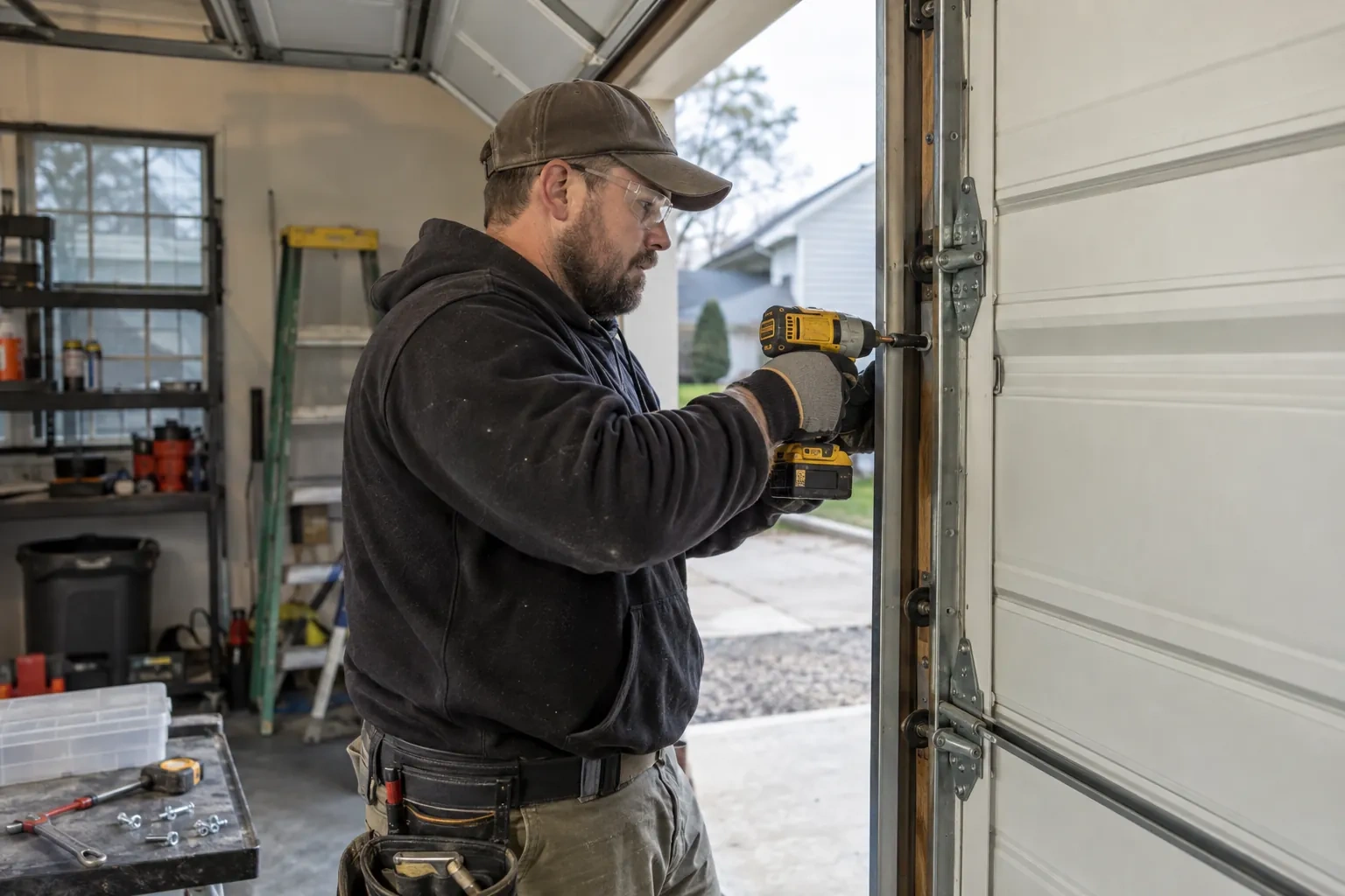 Technician in a brown cap driving a screw into a vertical door track with a yellow cordless drill, beside a workbench. — Westdale