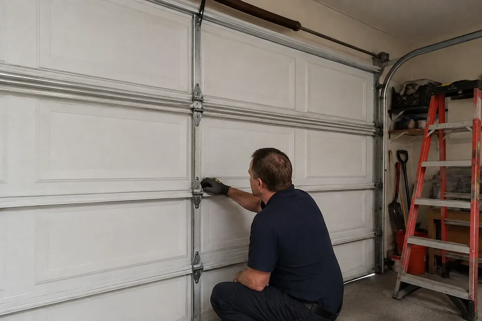 A person examines a central hinge joining two sections of a closed garage door. — Garage Door Hinge Replacement, Hamilton