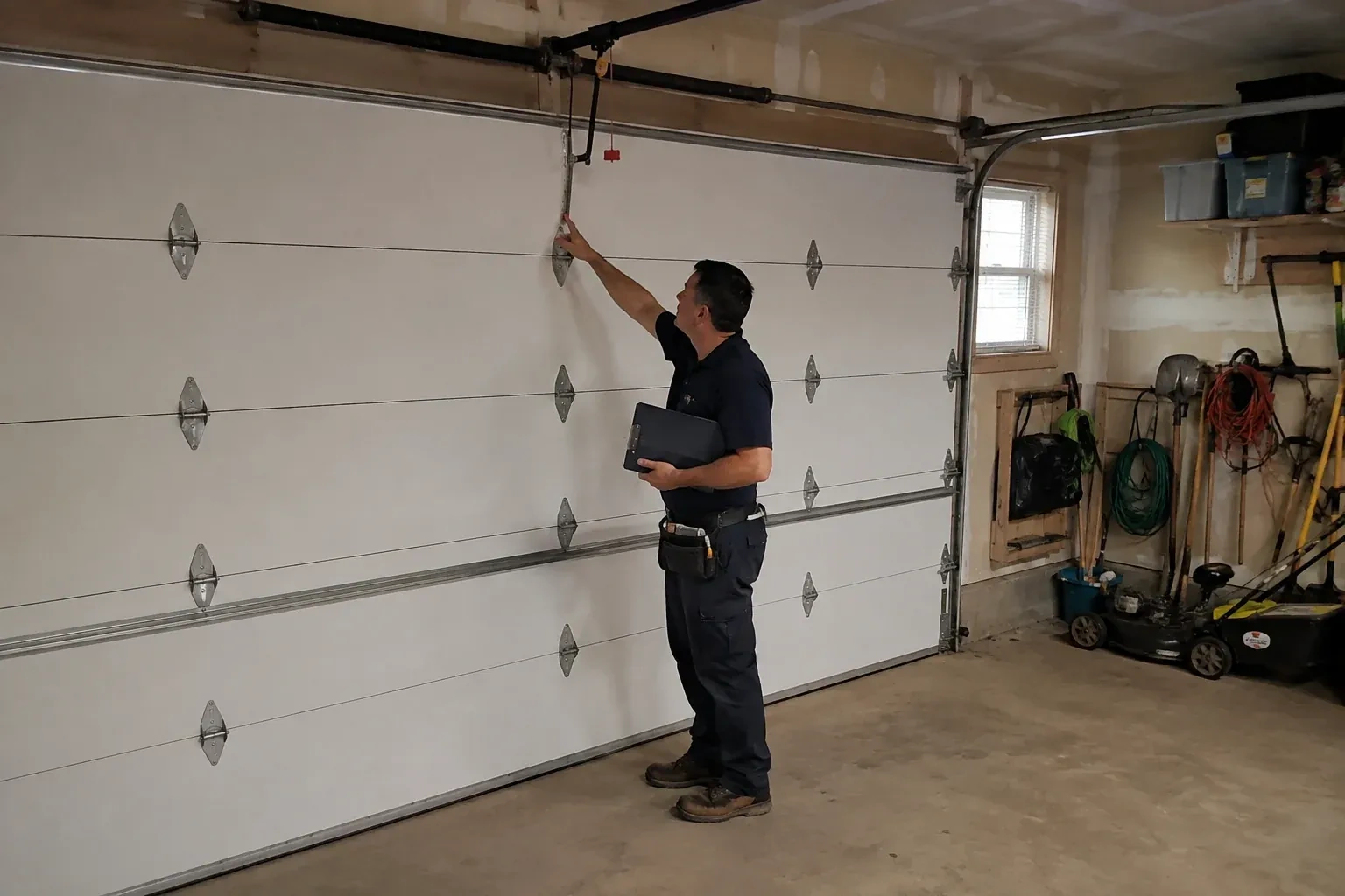 A person holding a clipboard examines the interior hardware of a closed garage door. — Garage Door Tune-Up, Hamilton