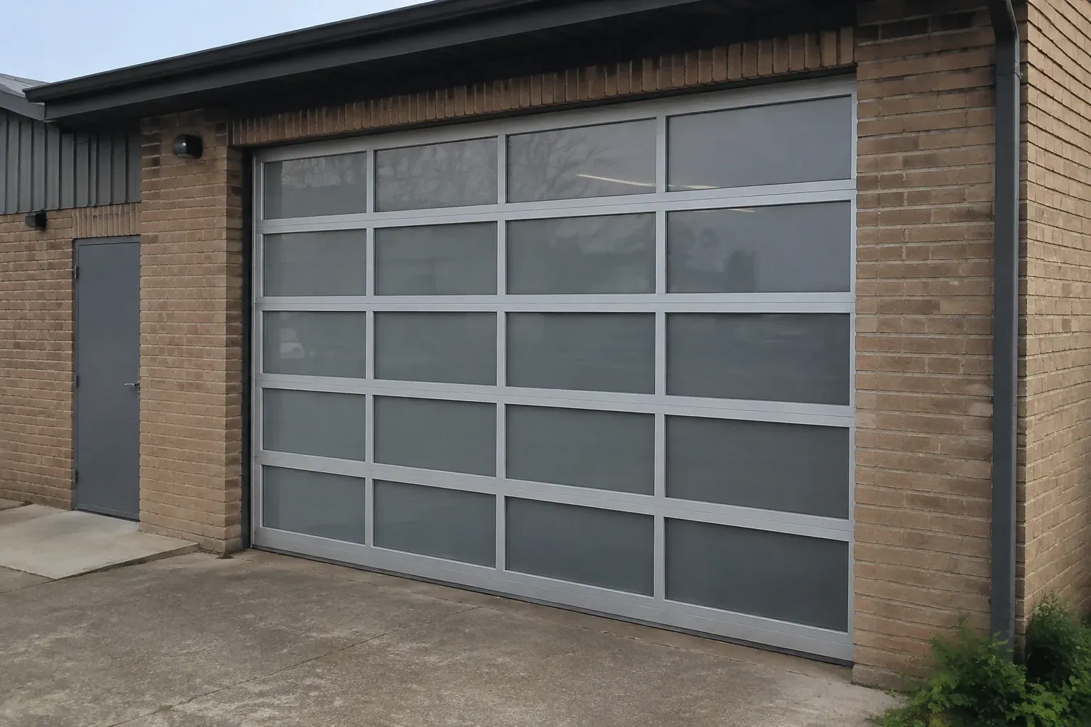 Closed glazed sectional door in a grey metal frame at a brick workshop. — Full-View Glass Garage Door Installation, Hamilton