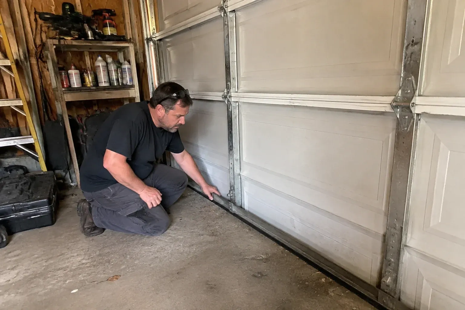 Person kneeling by a white paneled door in a garage, one hand on the black seal along its bottom edge. — Garage Door Roller Replacement, Hamilton