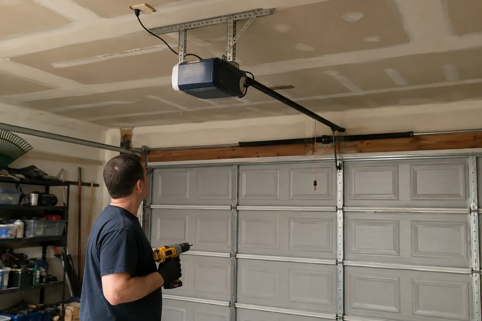 Person holding a yellow drill and looking up at a blue and white opener above a gray paneled garage door. — Chain-Drive Opener Repair, Hamilton