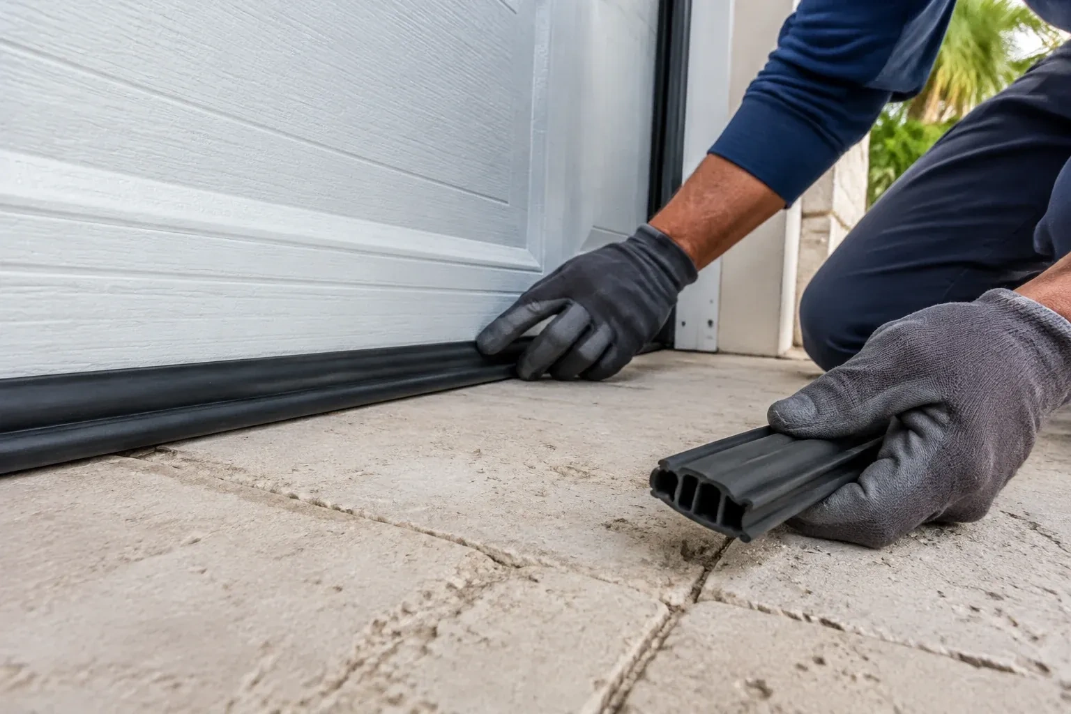 Gloved hands setting a black rubber seal along the base of a white garage door, holding a ribbed strip over paving stones. — Garage Door Bottom Seal Replacement, Waterdown