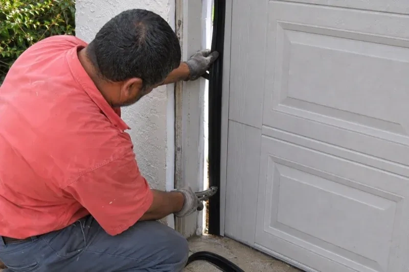 Gloved person holding a black strip along the side of a sectional garage-door opening — Garage Door Perimeter Weatherstrip, North End