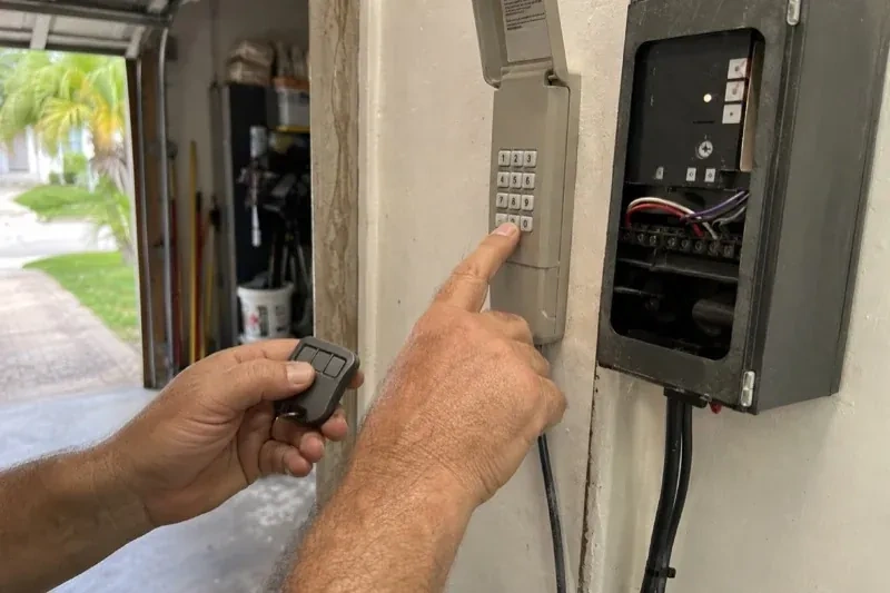 Hands holding a small remote and pressing a wall-mounted keypad beside an open control box with visible wiring. — Garage Door Remote and Keypad Programming, Hamilton