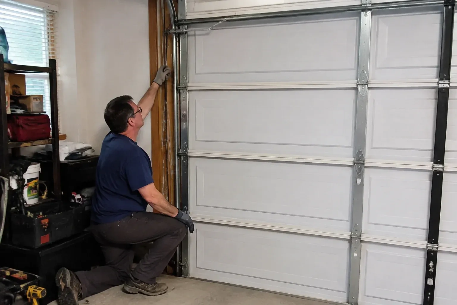 Person kneeling inside a garage reaching up along the vertical track of a white paneled door, with a toolbox and drill nearby. — Garage Door Cable Replacement, Hamilton