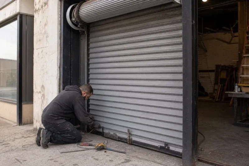 Person kneeling beside the bottom of a metal rolling door with tools on the ground — Commercial Rolling Door Repair, Hamilton