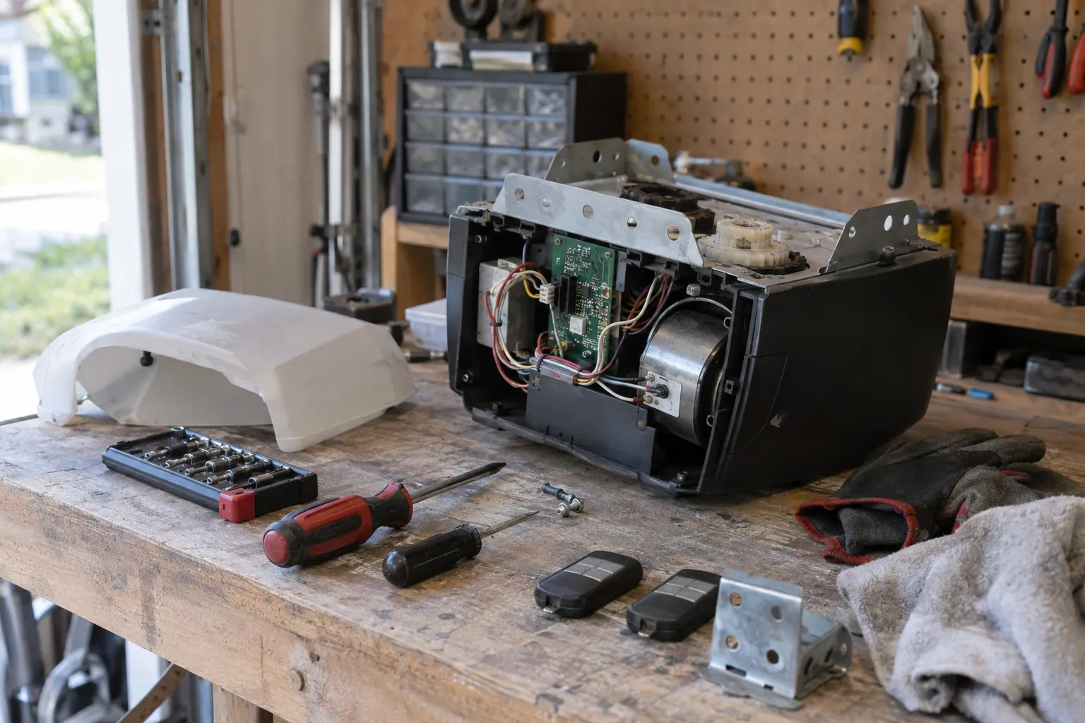 Opened garage-door opener motor with a green circuit board on a workbench beside its white cover, two remotes and screwdrivers. — Waterdown