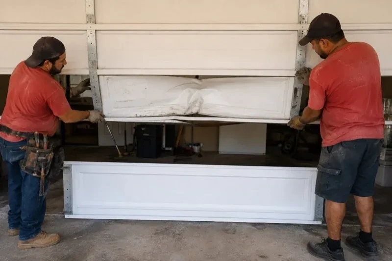 Two people holding a dented lower garage-door section above a separate white panel resting on the ground. — Garage Door Panel Replacement, Waterdown