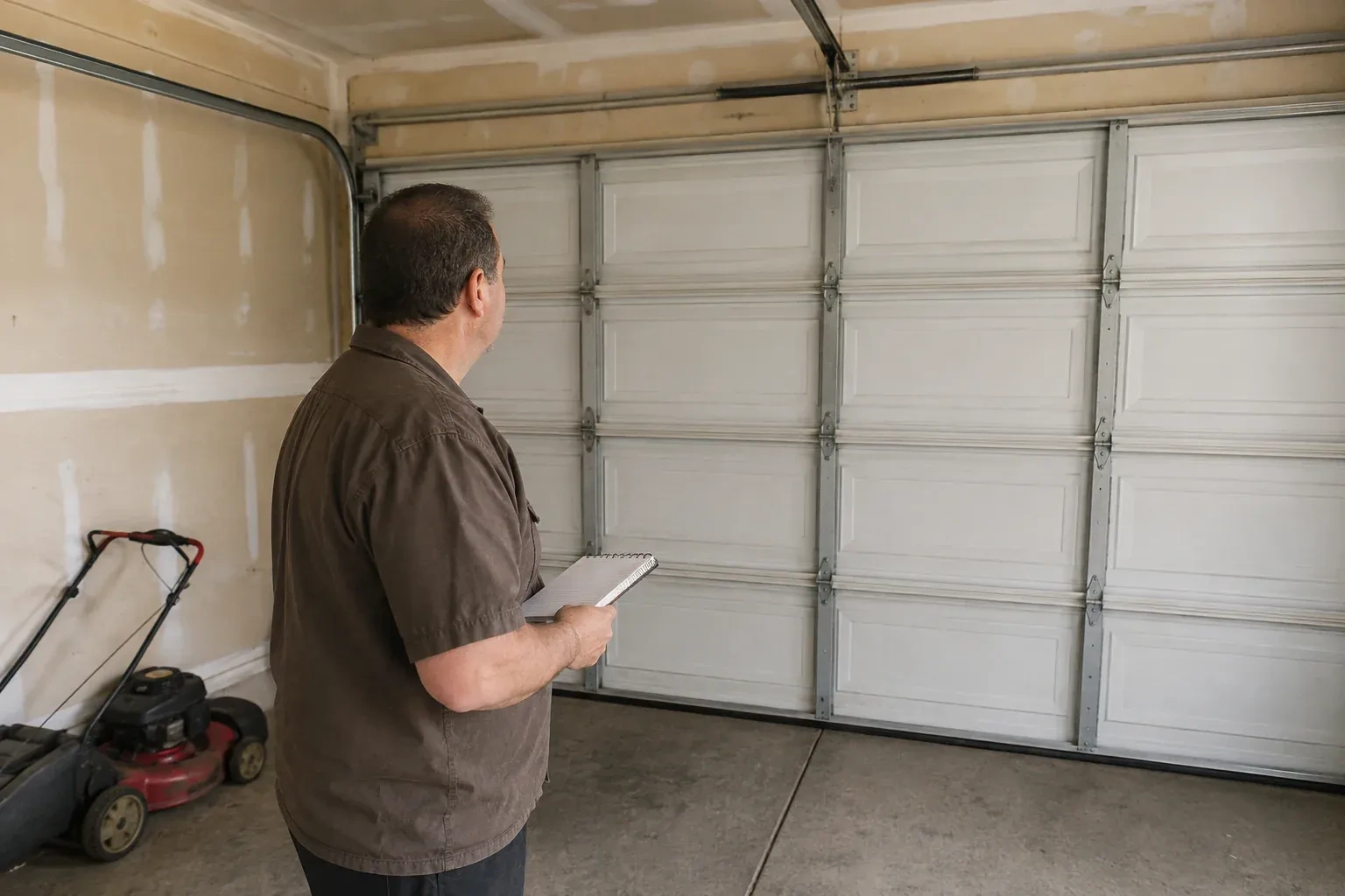 Technician holding a notebook while looking at a closed sectional door. — Garage Door Balance Adjustment, Hamilton