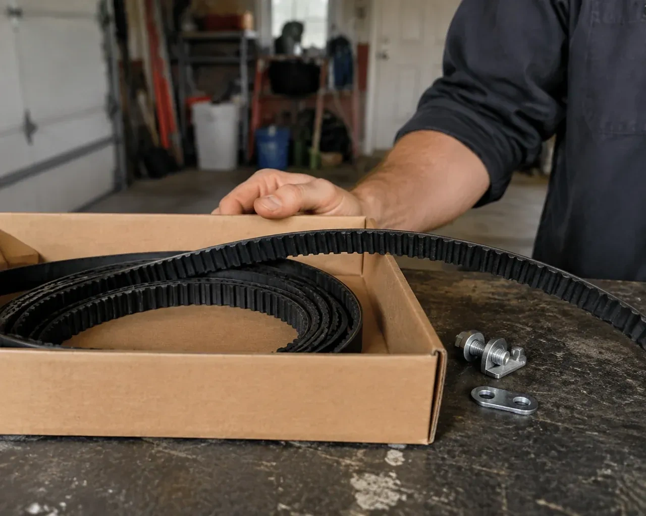 A toothed black drive belt lies in an open cardboard box beside small metal fittings on a garage workbench. — Belt-Drive Opener Repair, Hamilton